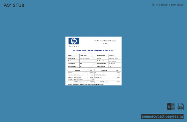 HP Hewlett Packard GlobalSoft Pvt.Ltd Gehaltsabrechnungsbeispiel (Vorschau)